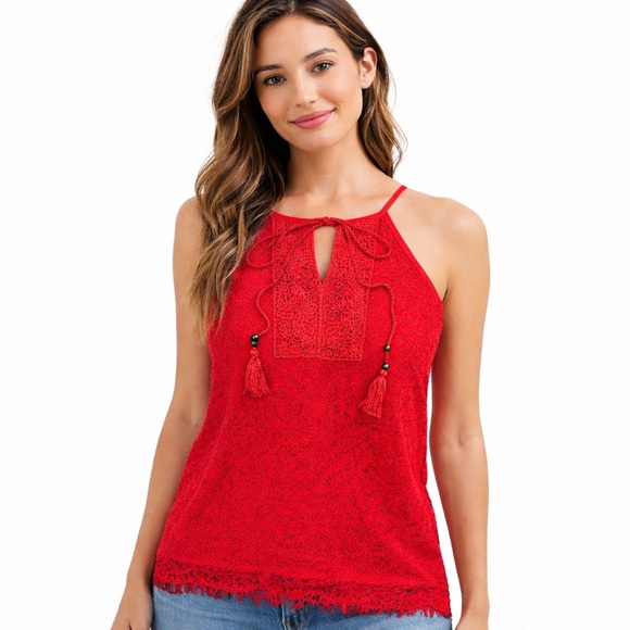 Solitaire Tops - NWT Solitaire Red Lace Sleeveless Top | Size Small
